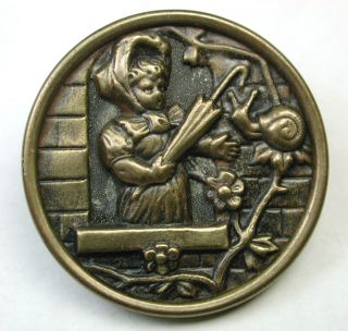 Antique Button Girl W Parasol Is Trying To Hook Snail Outside Her Window 1 & 1/4 photo