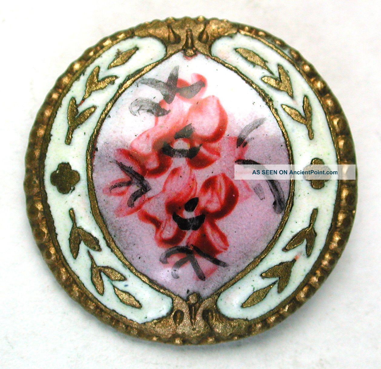 Antique French Enamel Button Shaded Lavender W Pink Flowers & Laurel Leaf Border Buttons photo