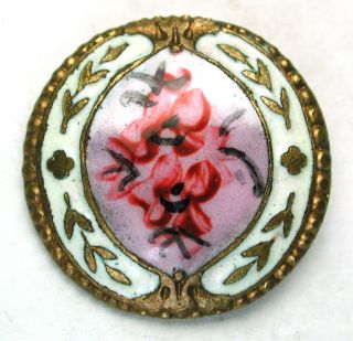 Antique French Enamel Button Shaded Lavender W Pink Flowers & Laurel Leaf Border photo