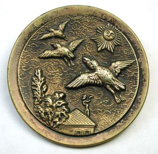 Antique Button Birds Flying Over Roof Top Sun Face W Sun Rays In Sky Lg Sz photo