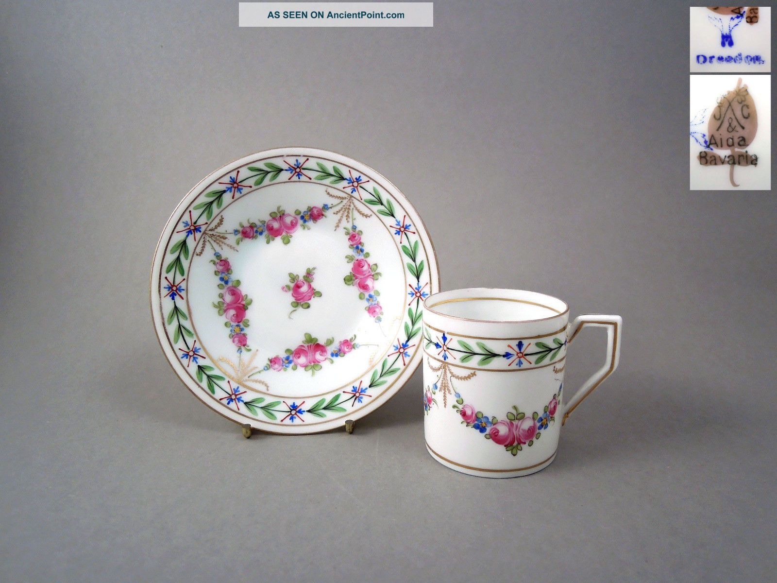 Antique Hand Painted Porcelain Coffee Cup Saucer Duo By Hirsch Dresden C1900 Cups & Saucers photo