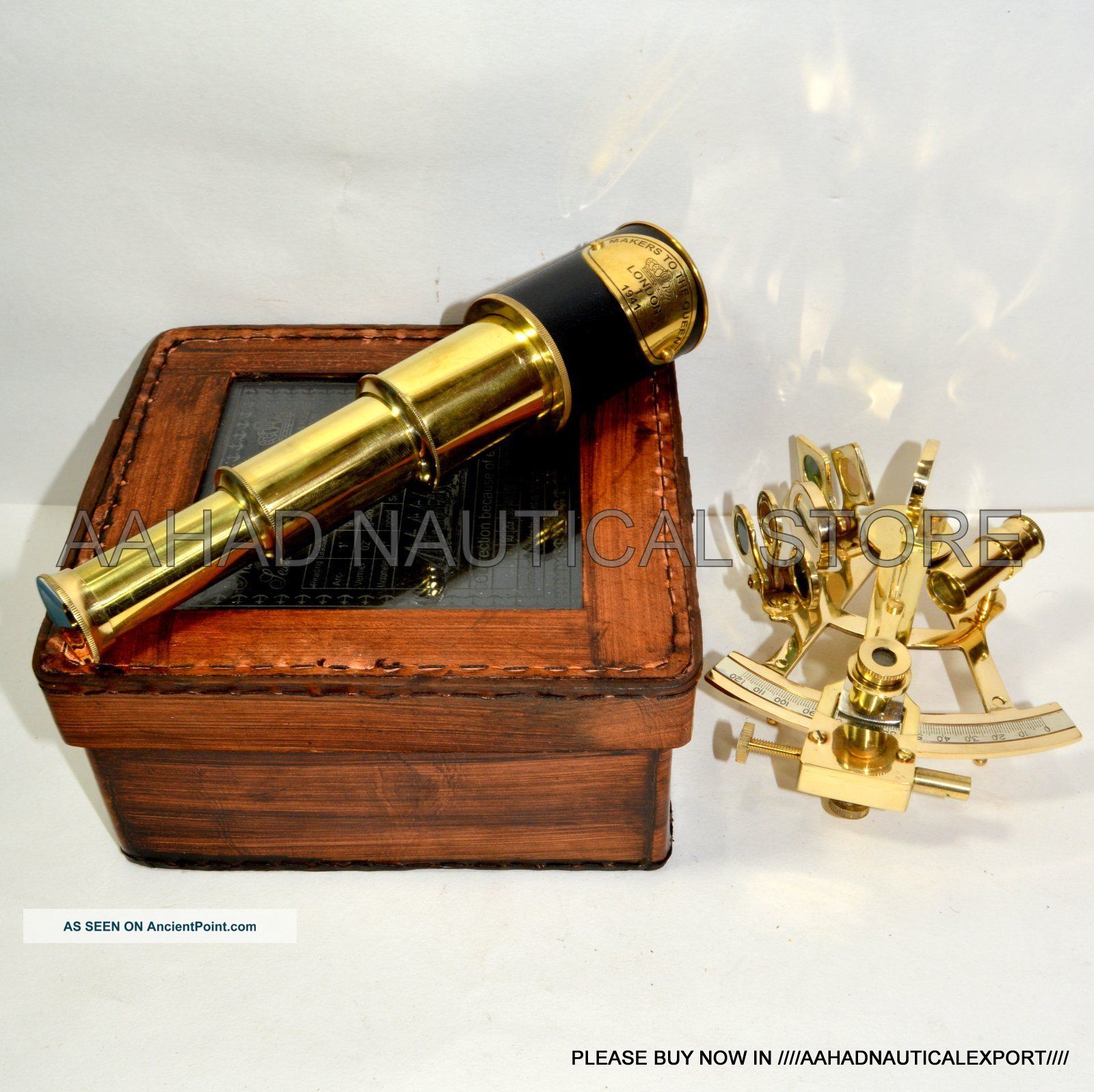 Vintage Antique Style Brown Leather Box Brass Sextant Brass Telescope Gift ' ; Sextants photo