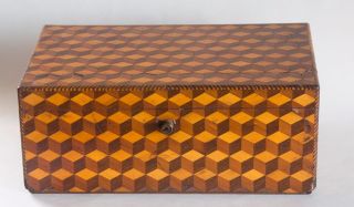 Antique Folk Art Wooden Box Inlayed With An Array Of Necker Cubes photo