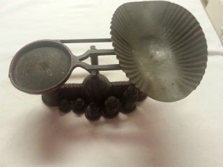 Vintage Miniature Cast Iron Toy Balance Scale With Weights photo