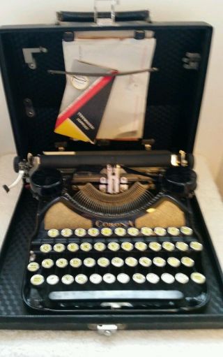 Antique Black W/rose Gold Corona 4 Bank Portable Typewriter 1930 Case photo