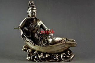 Old Miao Silver Carved Efficacy Kwan - Yin Posture Leisurely Lie On Lotus Statue photo