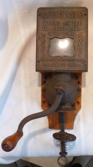 Antique General Store Wall Mount Golden Rule Coffee Grinder Glass Cast Iron photo