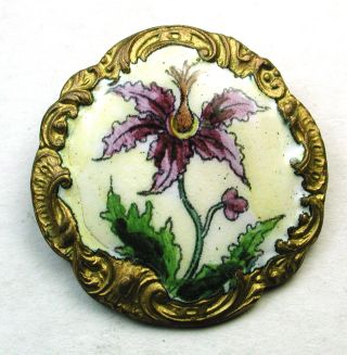 Antique Hand Painted Enamel Button Lavender Orchid Flower & Fancy Rim 1 & 1/8 