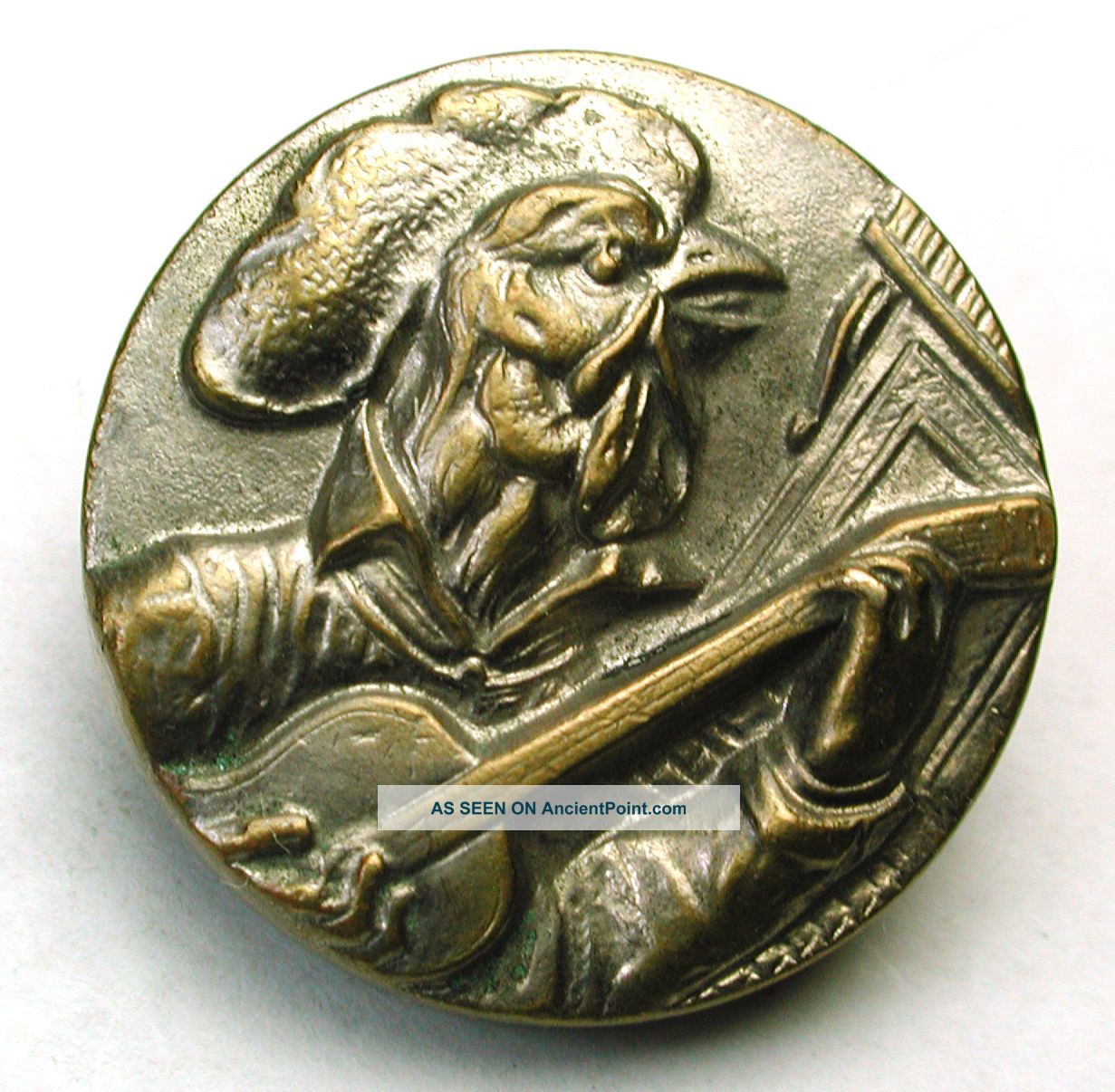 Antique Brass Button Paris Back Rooster Playing Guitar 1 & 1/16 