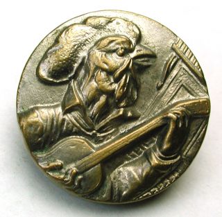 Antique Brass Button Paris Back Rooster Playing Guitar 1 & 1/16 