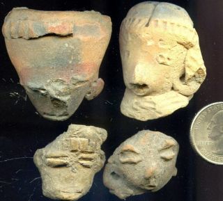 Pre - Columbian 4 Michoacan Mexico Clay Figure Heads,  Ca;1000 - 300 Bc photo