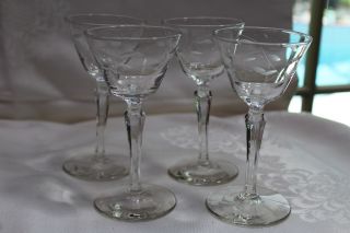 4 Vintage Etched Crystal Stemware - Sherry Stemmed Cordial Glasses Floral Design photo