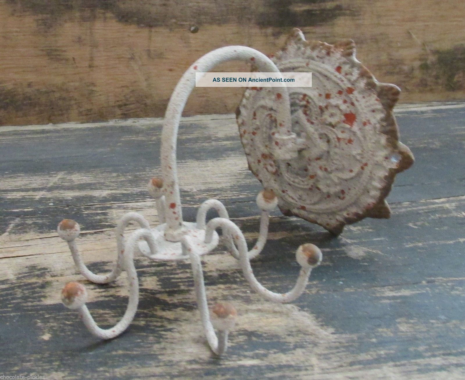 Wrought Iron Spinning Wall Mount Jewelry/key Rack 6 Arm Holder Antique White Primitives photo