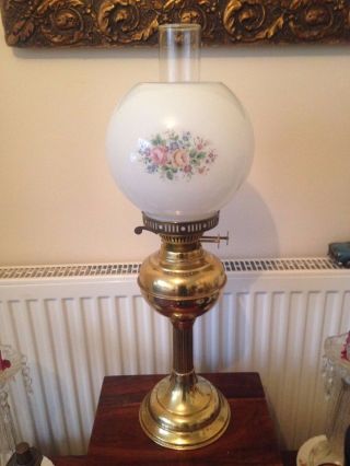 Lovely Vintage Duplex Twin Burner Brass & Glass Oil Lamp White Shade photo