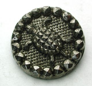 Antique Black Glass Button W Silver Luster Scarce Turtle Design Neat photo
