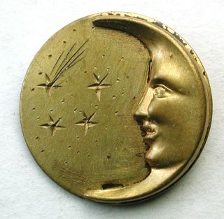 Antique Brass Button Moon Man Face Escutcheon On Star & Comet Etched Bkgnd 11/16 photo