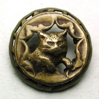 Antique Brass Button Cat Kitten Bursting Through Unusual Rolled Border 5/8 
