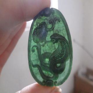 100 Natural China Dark Green Jade Pendant，hand Carved Amulet Zodiac Snake photo