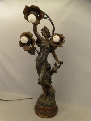 Antique French Art Nouveau Era Bronzed Figural Lady Statue Old Newel Post Lamp photo