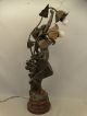 Antique French Art Nouveau Era Bronzed Figural Lady Statue Old Newel Post Lamp Lamps photo 4
