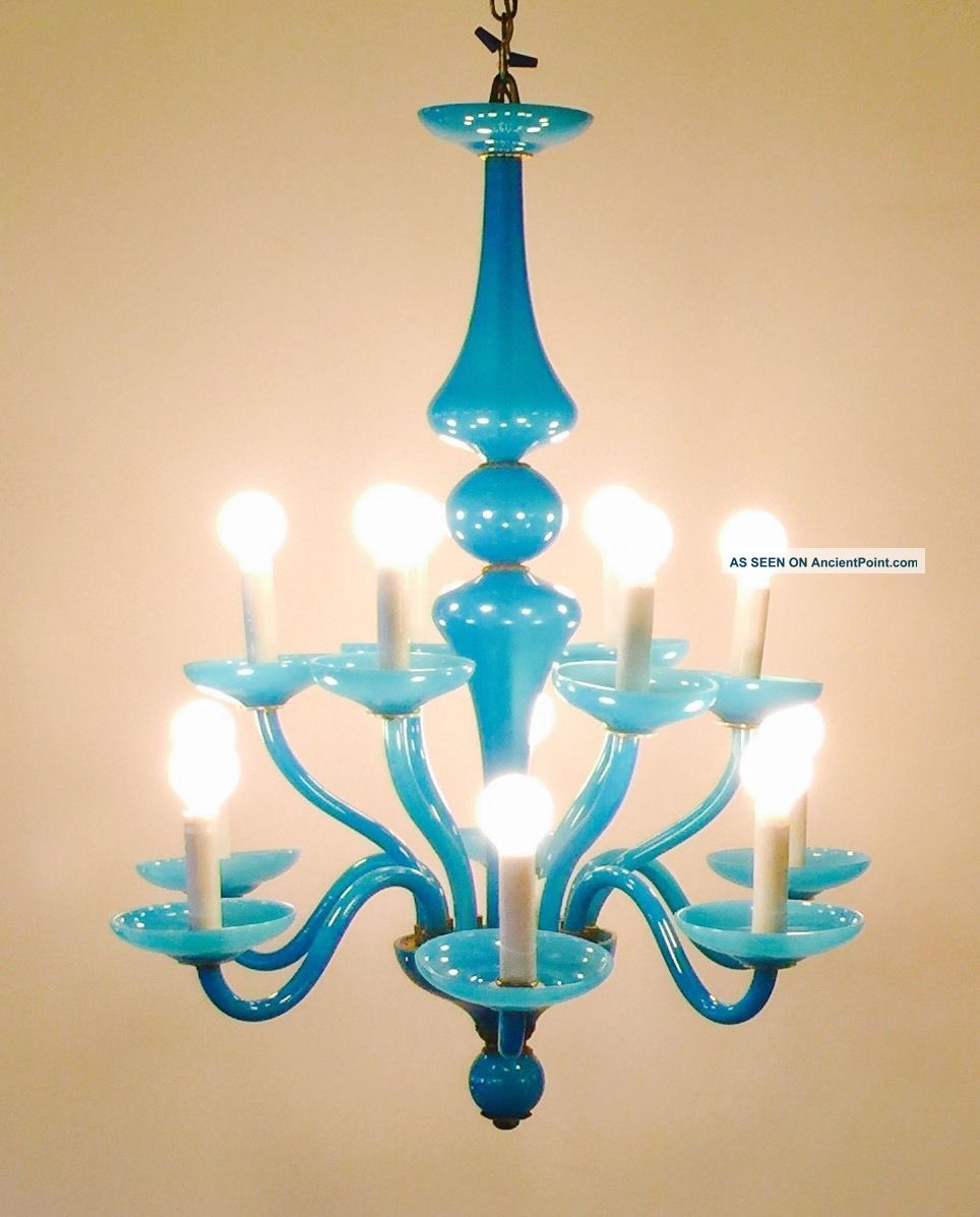 Exquisite Blue Opaline Hand Blown Glass Chandelier Murano Like But Even Better Mid-Century Modernism photo