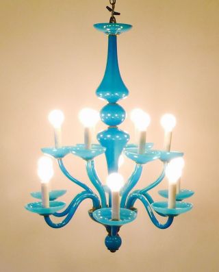 Exquisite Blue Opaline Hand Blown Glass Chandelier Murano Like But Even Better photo