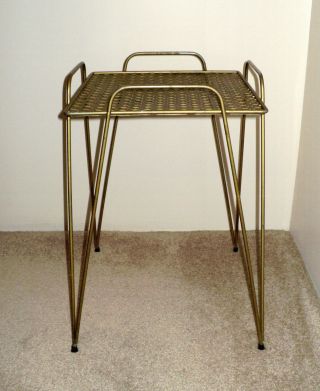 Vtg Retro Mid Century Modern End Side Table Plant Stand Metal Mesh Hairpin Legs photo