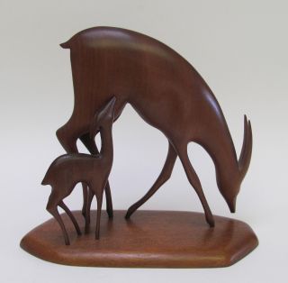 Mid Century Wood Carving - Doe & Fawn - Norway photo