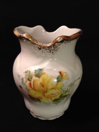 Victorian Antique Vintage Porcelain Toothbrush Holder Yellow Roses Gold Trim photo