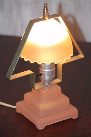 Great Art Deco Pink Jadeite Boudoir Lamp,  Frosted Glass Shade.  Cord photo