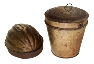 Tin Food Mold Kitchen Two Pudding Melon Patina Antique 1800 photo