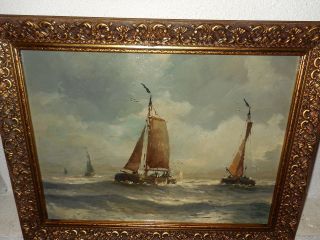 Old Oil Painting,  { Sailboats On A Rough Sea,  Great Frame }. photo