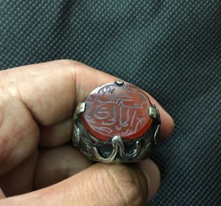 Mens Islamic Ring Afghan Antique Arabic Engraved Agate Carnelian Quran Intaglio photo