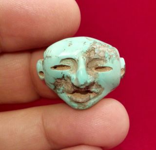 Mayan Turquoise Rock Stone Face Pendant - Antique Pre Columbian - Olmec Aztec photo