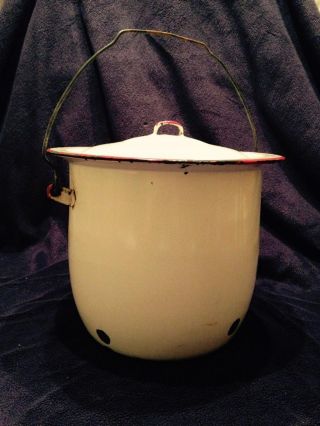 Vintage/antique Enamelware White With Red Trim Chamber Pot With Lid photo