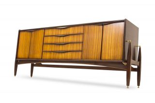 Mid Century Modern Rosewood And Zebrano Rocket Leg Credenza,  Media Console By Eon photo