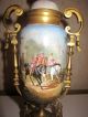 Antique French Painted Sevres Porcelain Urns W/ Horse Scene Gilt Metal Urns photo 4