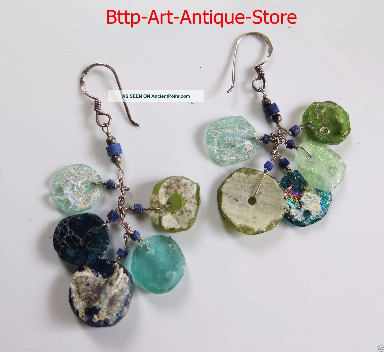 Silver 925 Earrings Ancient Aqua Green Dangle Roman Glass Lapis Beads 100 Bc Roman photo