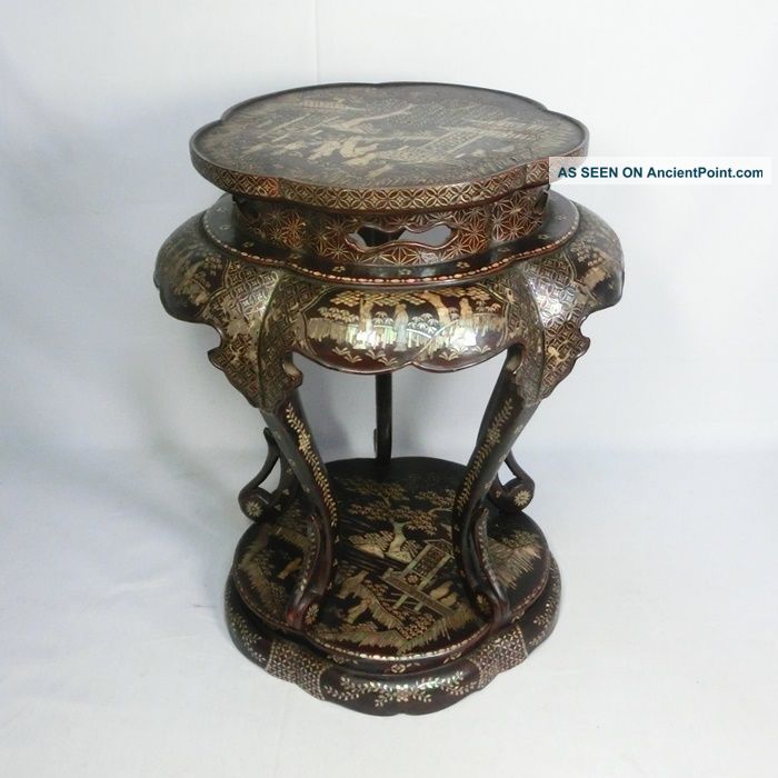 A272: Chinese Old Lacquer Ware Tall Display Stand With Good Mother - Of - Pearl Work Tables photo