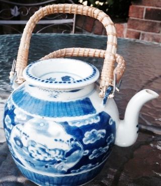 Antique Blue & White Chinese Dragon Wrapped Double Twin Handle Teapot Lid photo