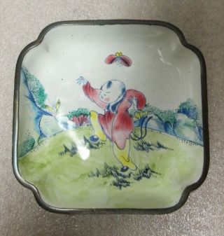 Antique Chinese Copper Enamel Trinket Dish Dancing Scholar Chasing Butterfly photo