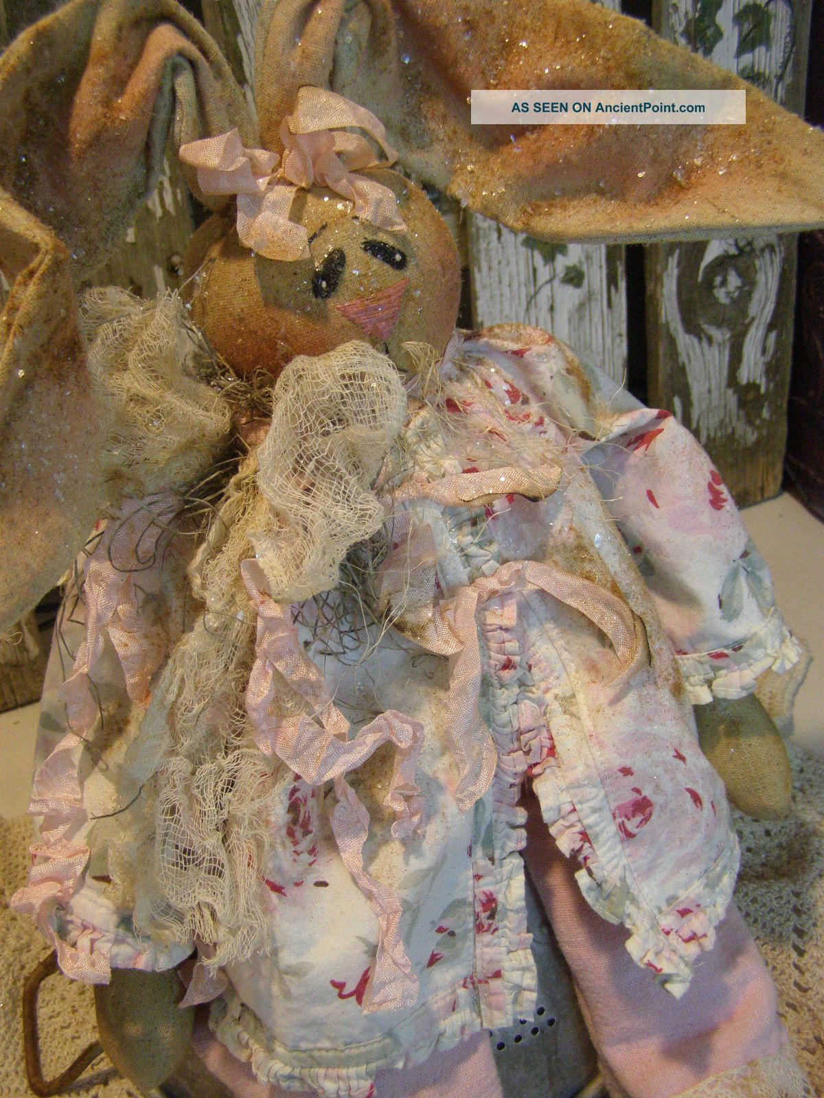 Primitve Bunny Rabbit Doll Tablecloth Lace Folkart Valentine Easter Bunny Doll Primitives photo