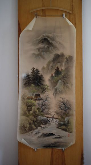 Vintage Post 1940 Japanese Wall Scroll Hand Painted Sansui (landscape) photo