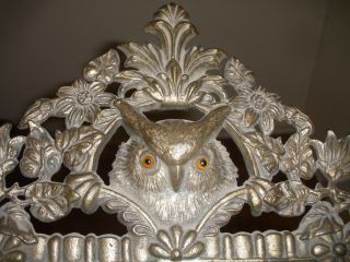 Great Antique Victorian Mirror With Figural Owl W/ Glass Eyes Floral Decoration photo