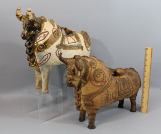 2 Antique Handmade Peru Peruvian Folk Art Pottery Bulls Modernist Picassoish photo