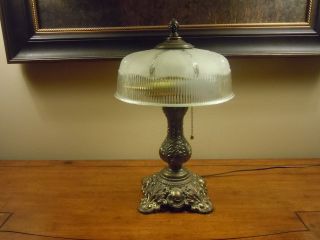 Vintage Cast Iron W/ Double Sockets And Heavy Glass Shade photo