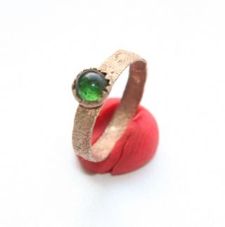 Ancient Medieval Bronze Finger Ring With Colored Green Stone Inlay (fbb01) photo