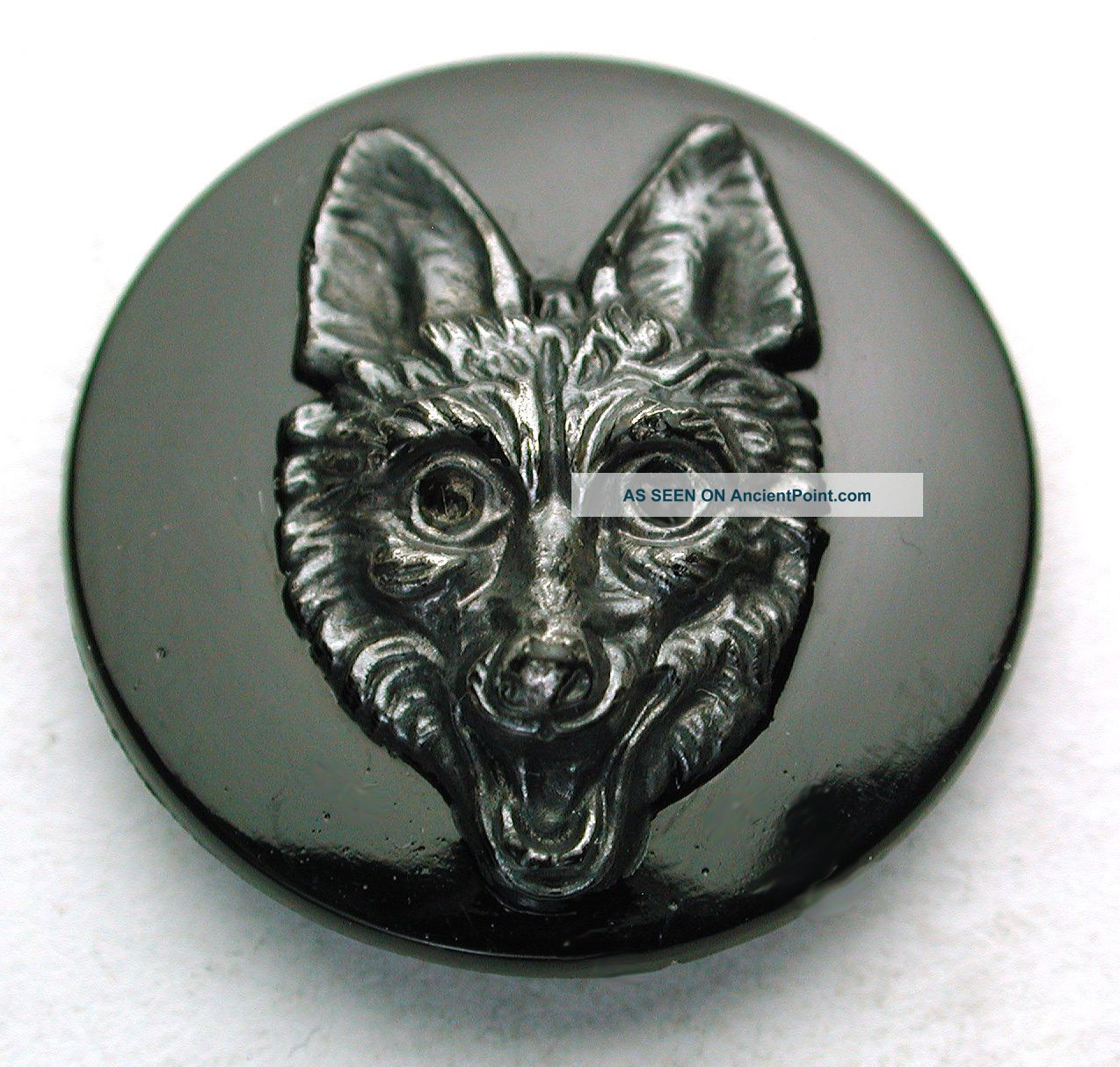 Antique Black Glass Button Fox Head W/ Gun Metal Luster & W/ Rosette Shank Buttons photo