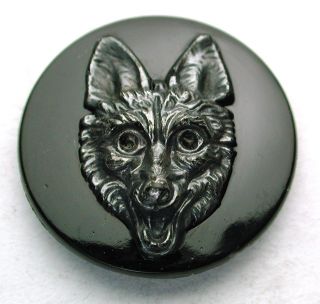 Antique Black Glass Button Fox Head W/ Gun Metal Luster & W/ Rosette Shank photo