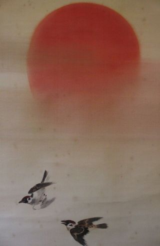 K00x9b Flying Little Sparrows & Rising Sun Japanese Hanging Scroll photo